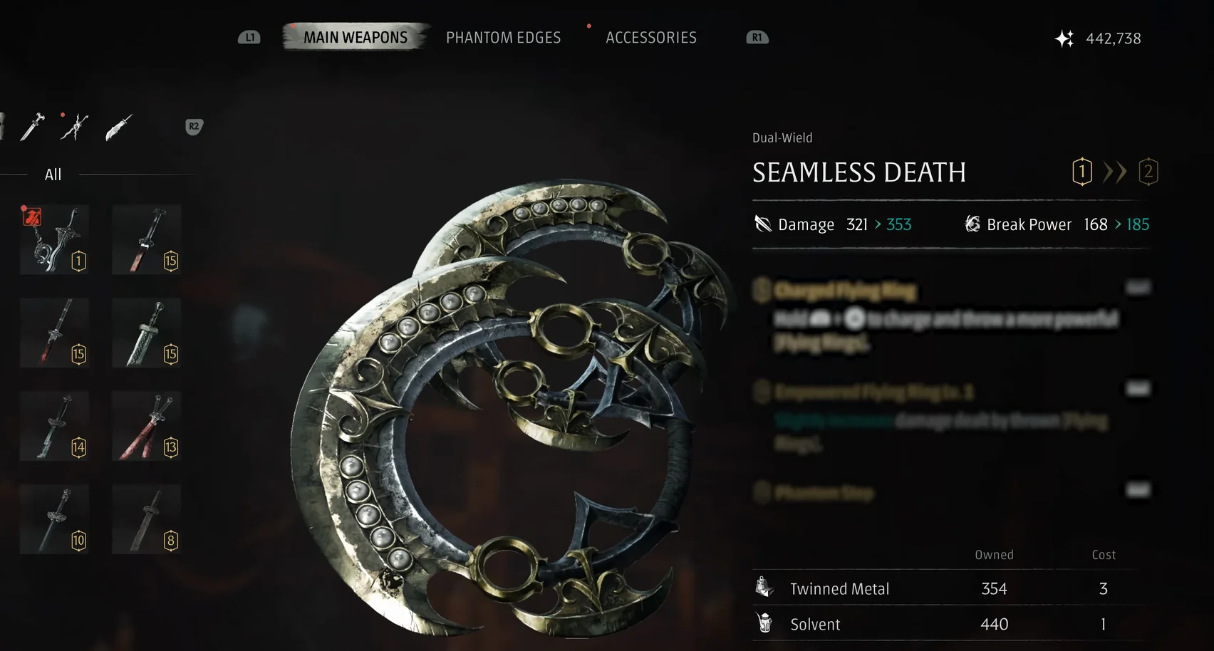An upgrade menu showing two ring-shaped curved blades.