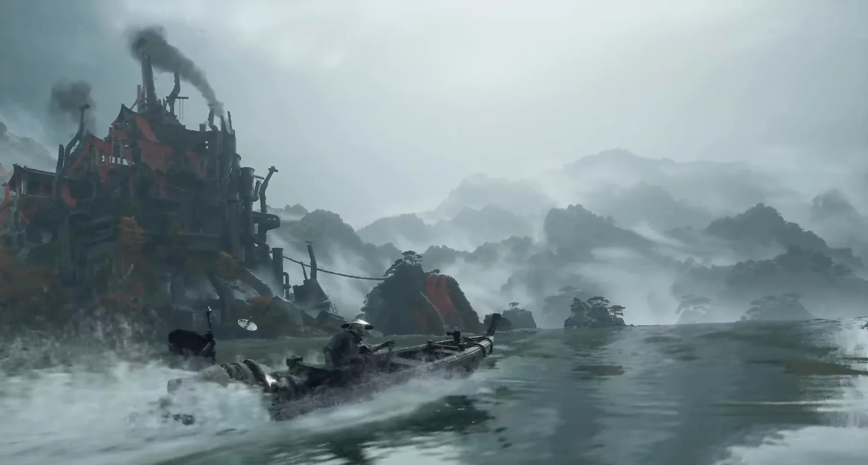 A long craft skims across a lake, throwing up spray, under a smoking tower.