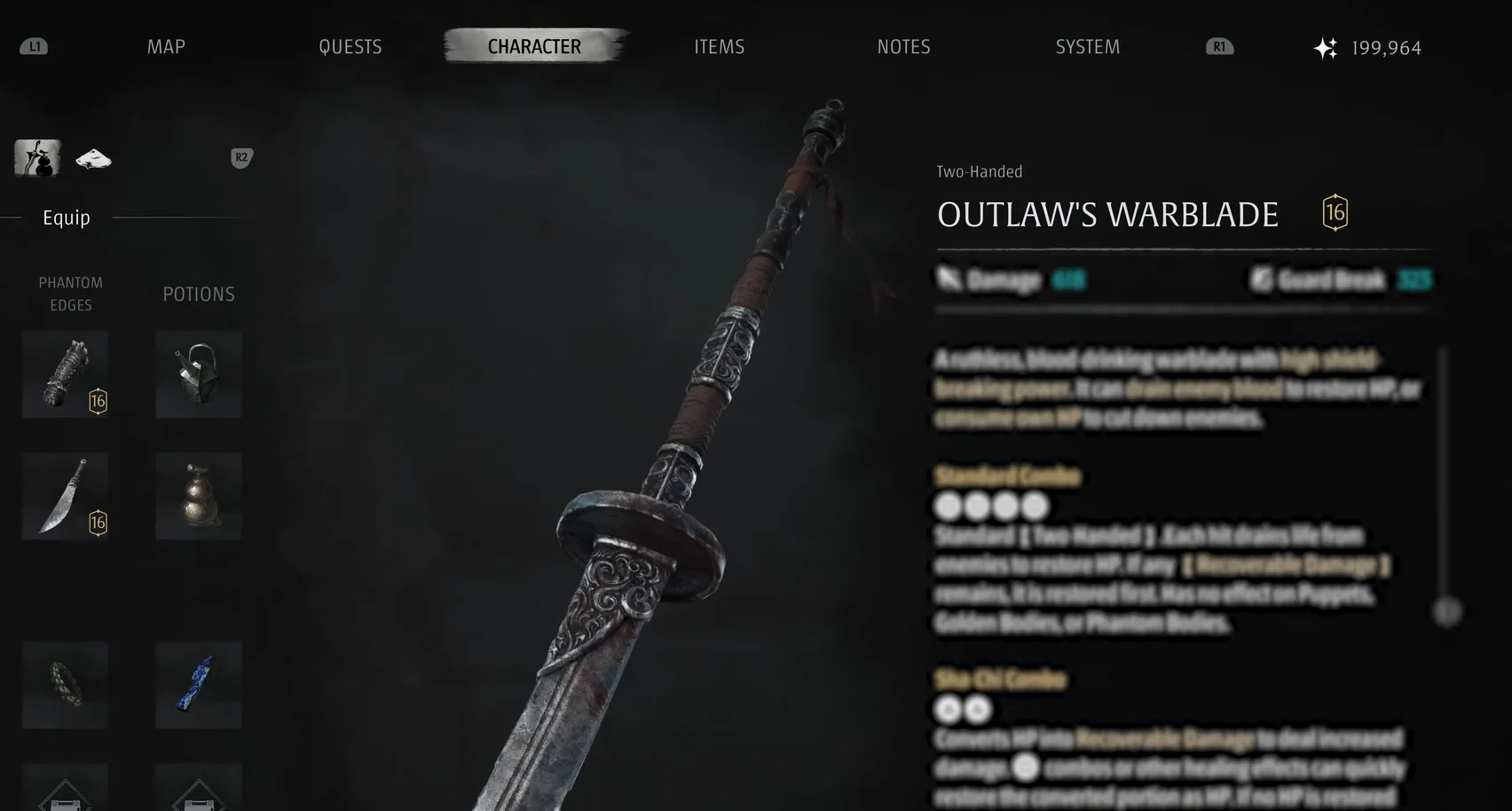 A weapon menu: a long, broad blade in the middle, a list of slots at the left.