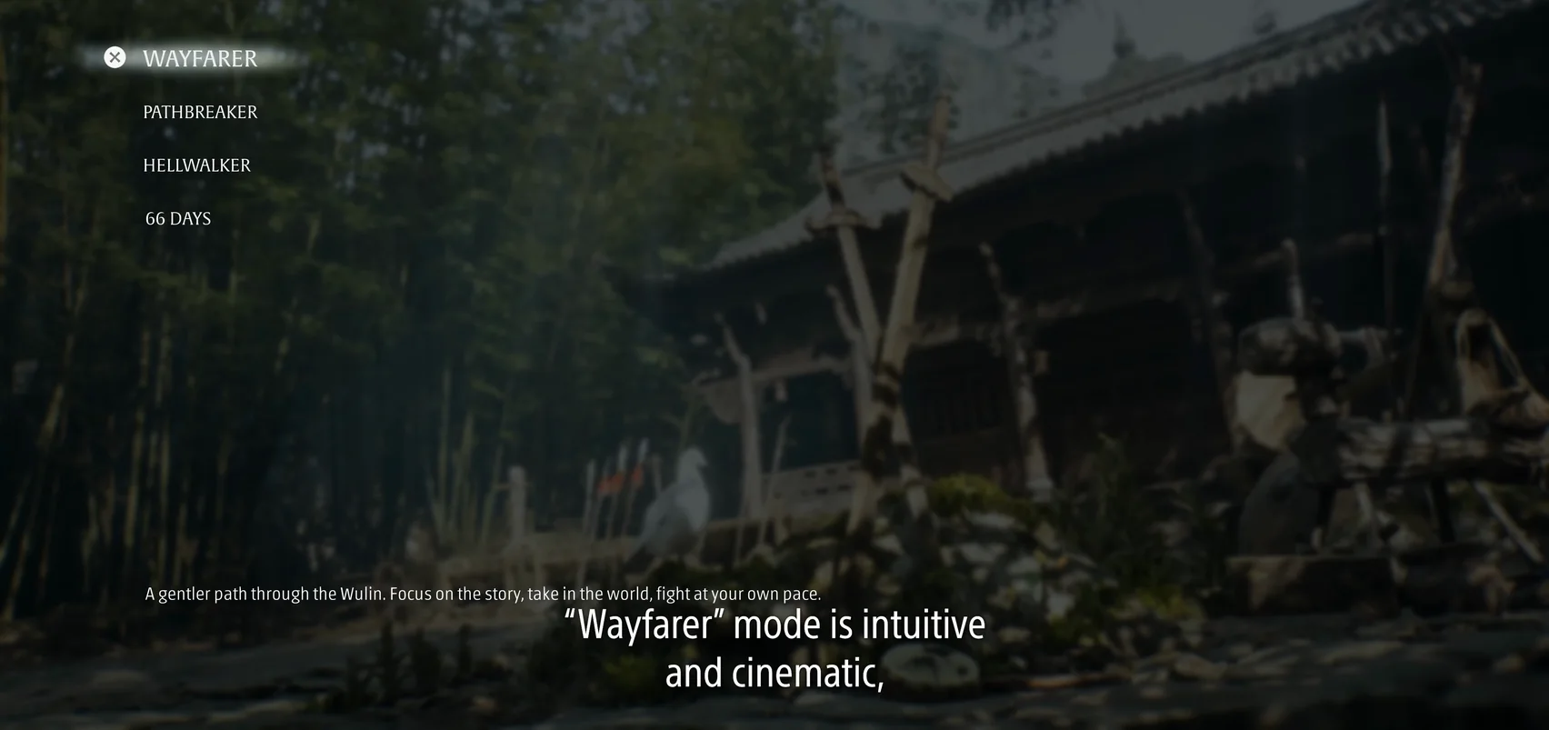 A difficulty menu with four names at the upper left over a bamboo courtyard.