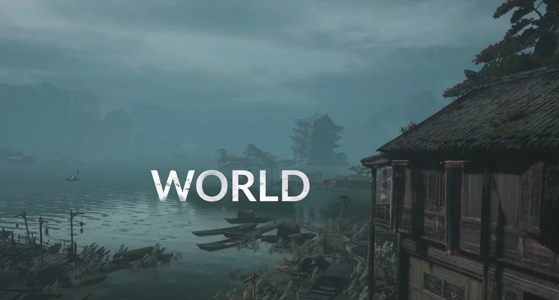 A riverside town of wooden houses with a title in white letters.