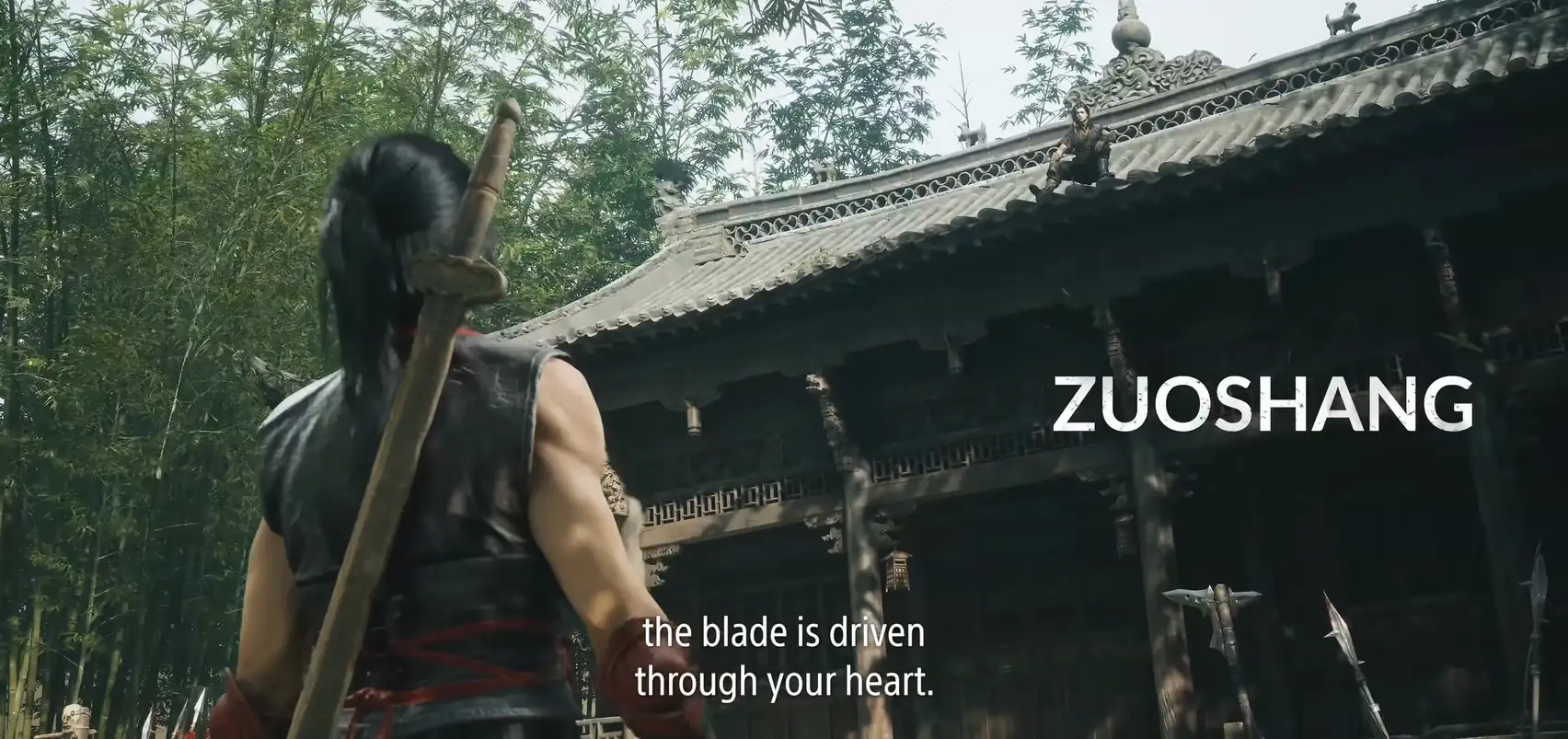 A long-haired figure with a sword on his back faces a temple in a bamboo grove; a name at the right.