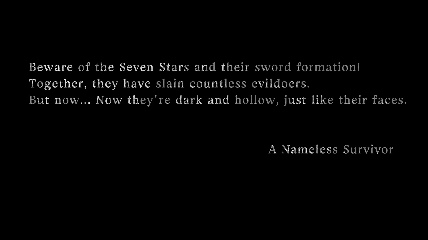 White serif text on black, signed A Nameless Survivor.