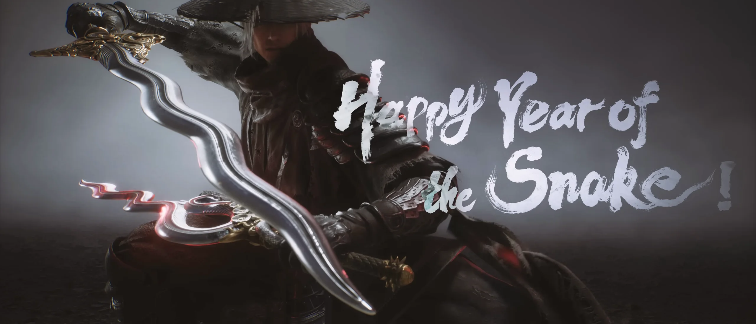 A figure in a straw hat holds two wavy blades out in front, beside handwritten Happy Year of the Snake!