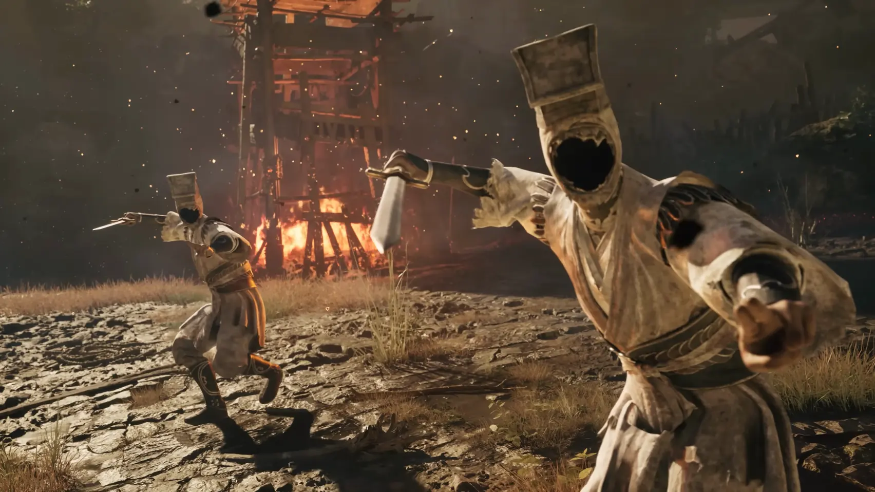 Two figures in pale robes stretch out their arms; the front of each head is a black opening.