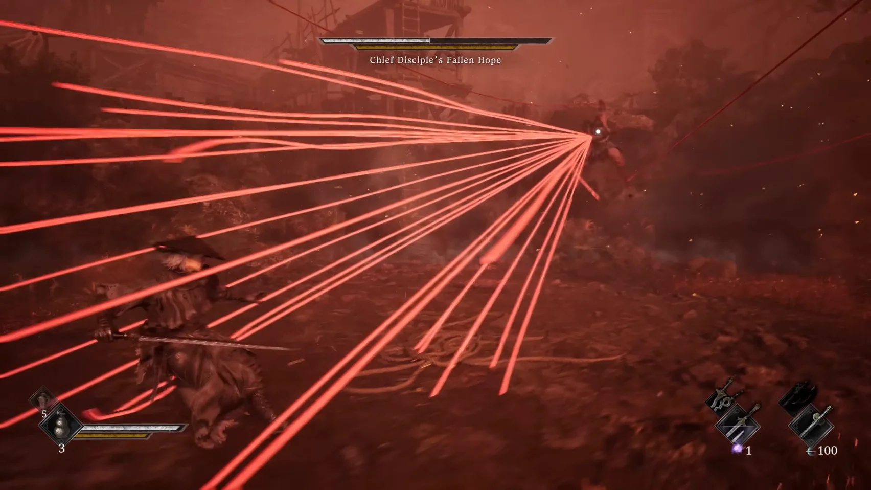 Many red straight lines run from the airborne figure towards the left of the frame.