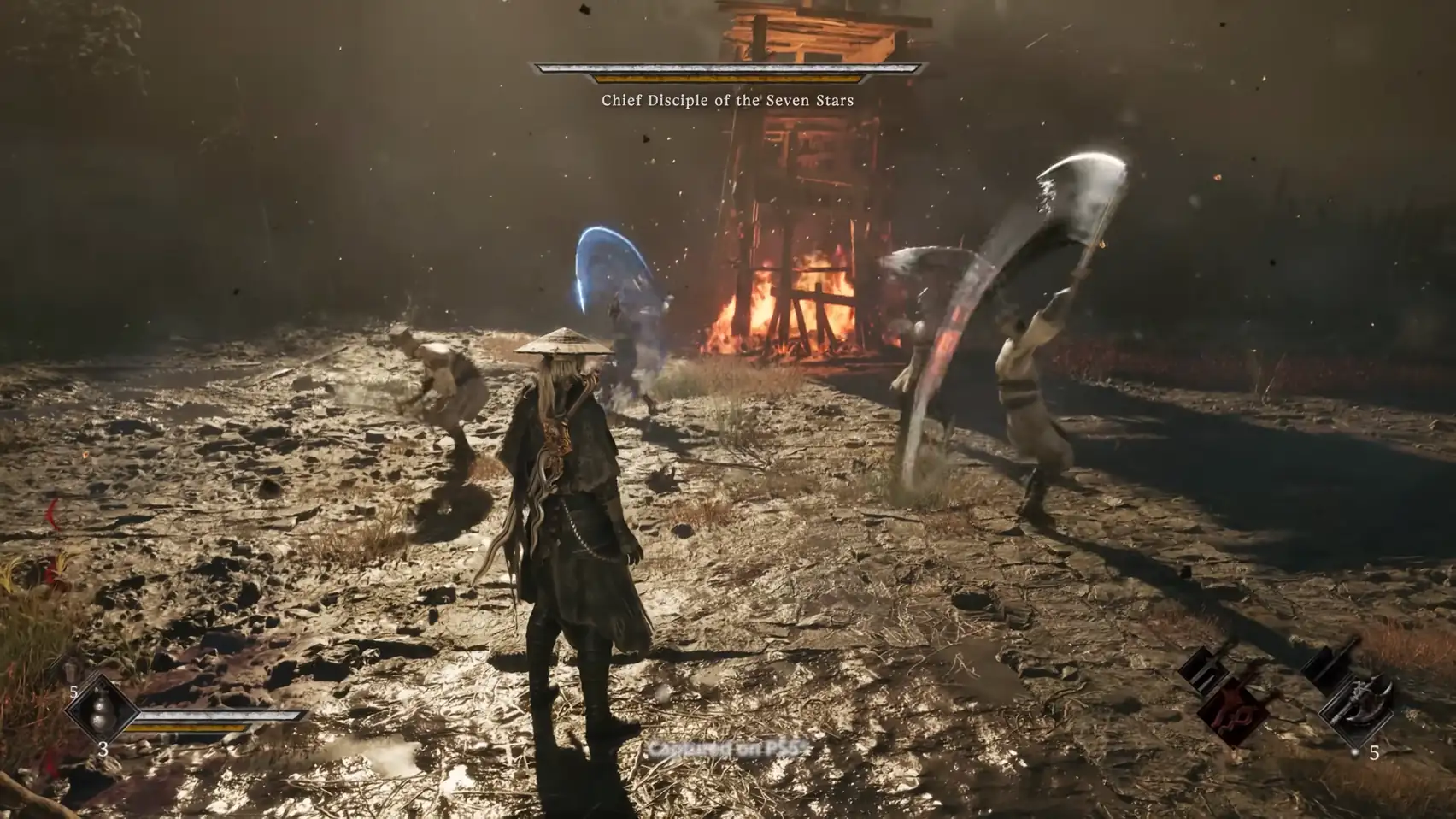A fight interface appears: a name plate and long bars at the top, icons in the lower corners.
