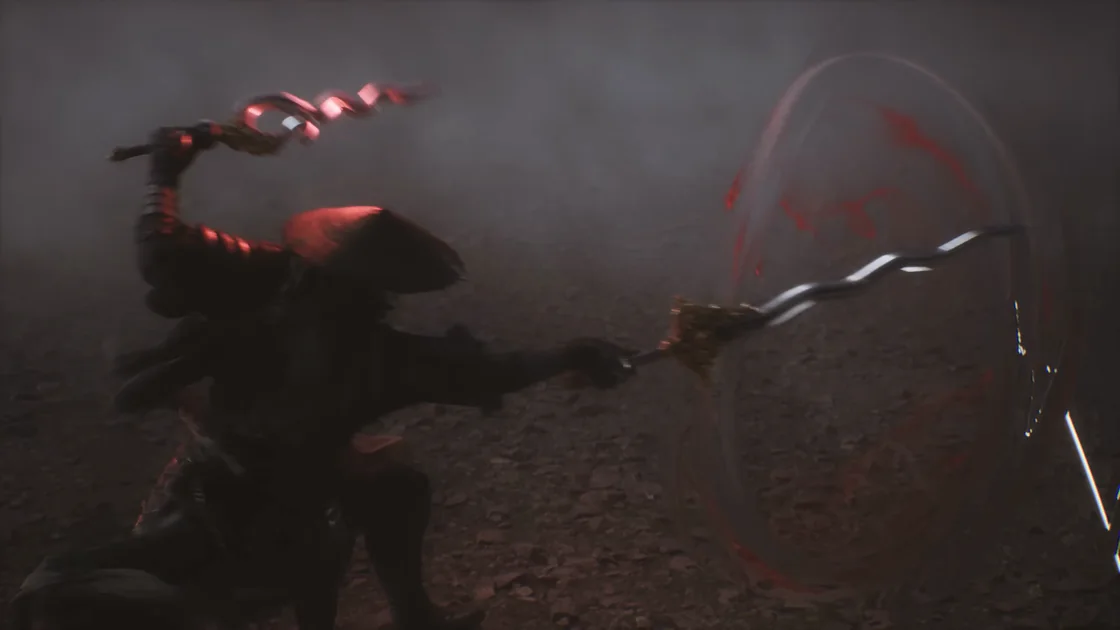 The figure holds a curved silver blade in one hand and a red one in the other.