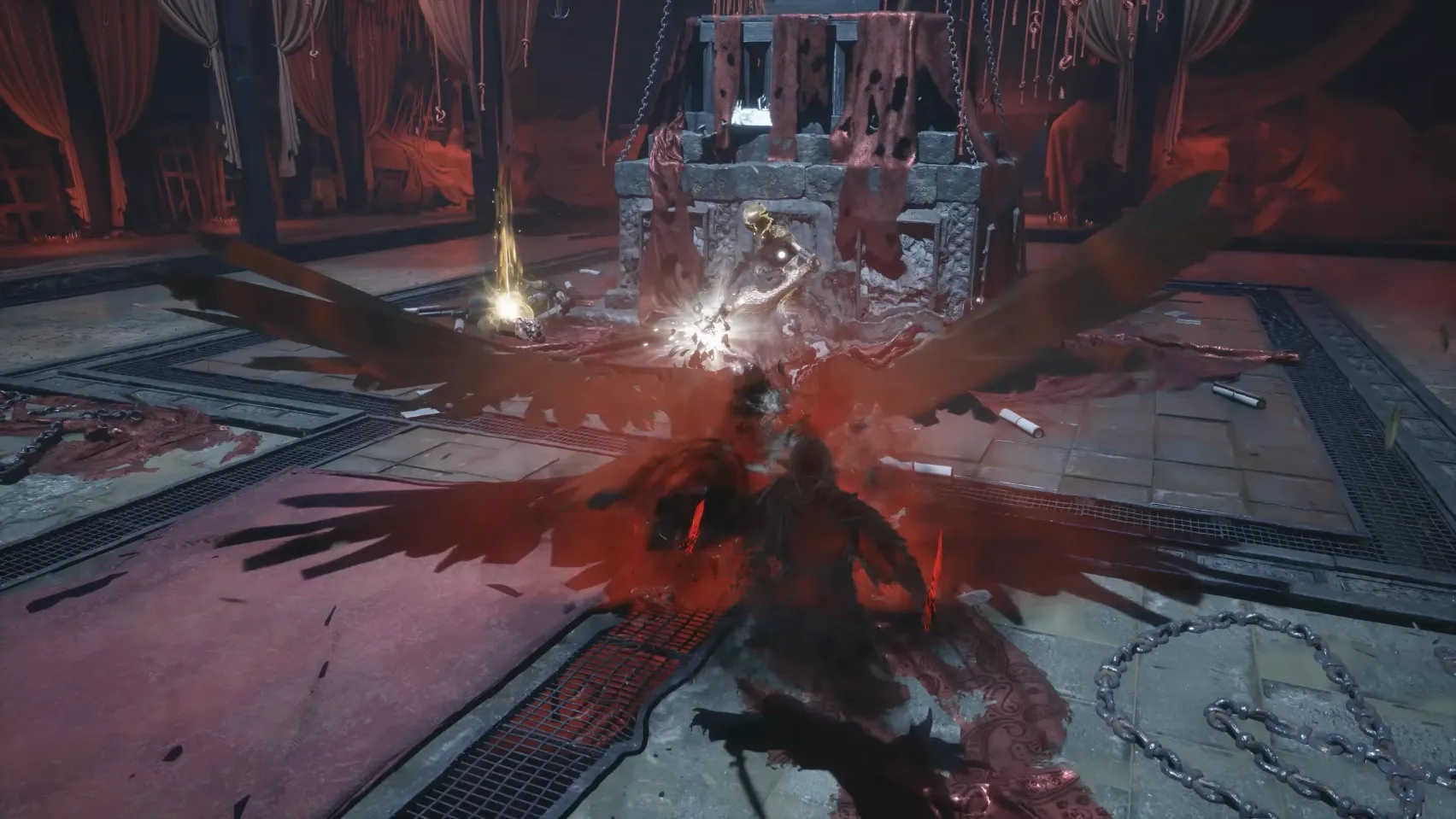 Huge dark red wings spread over a fight in a red hall.