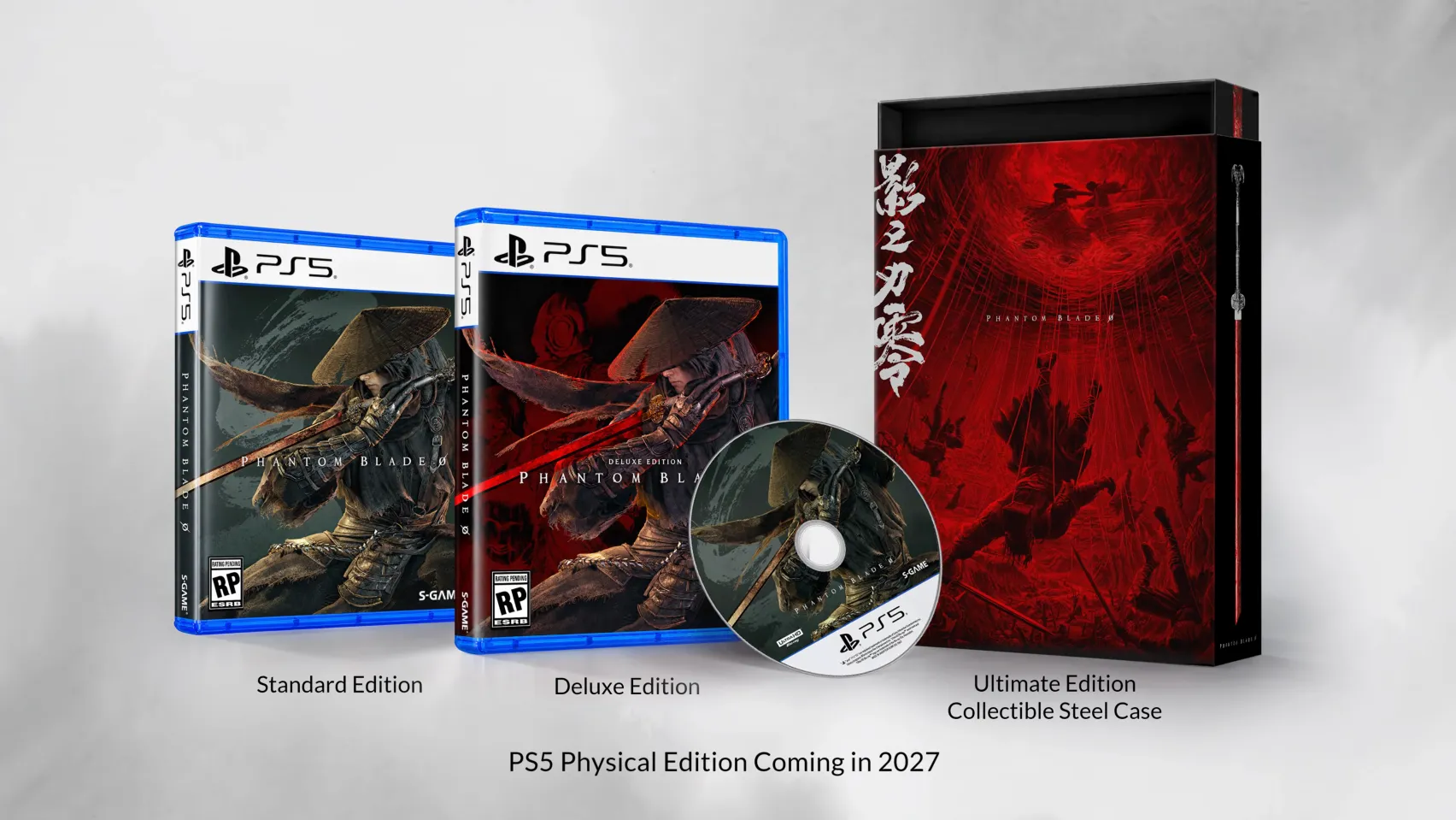 Two PS5 game cases, a disc and a tall red box, each labelled, with a line of text below.