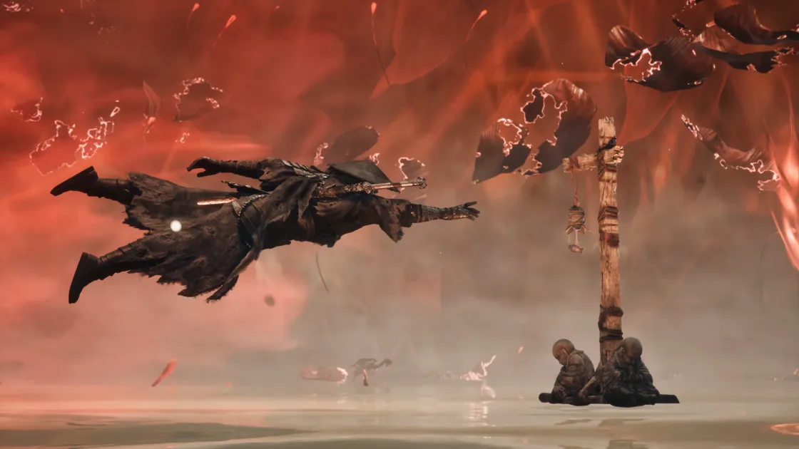 A figure flies flat through a red sky towards a tall post.