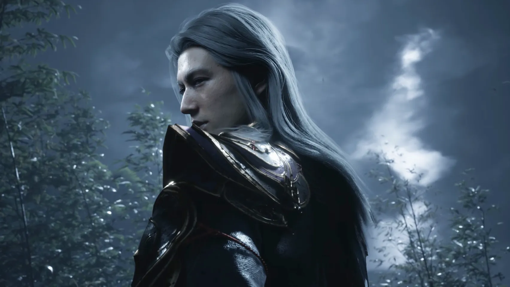 A silver-haired man in dark armour looks over his shoulder in a snowy wood.