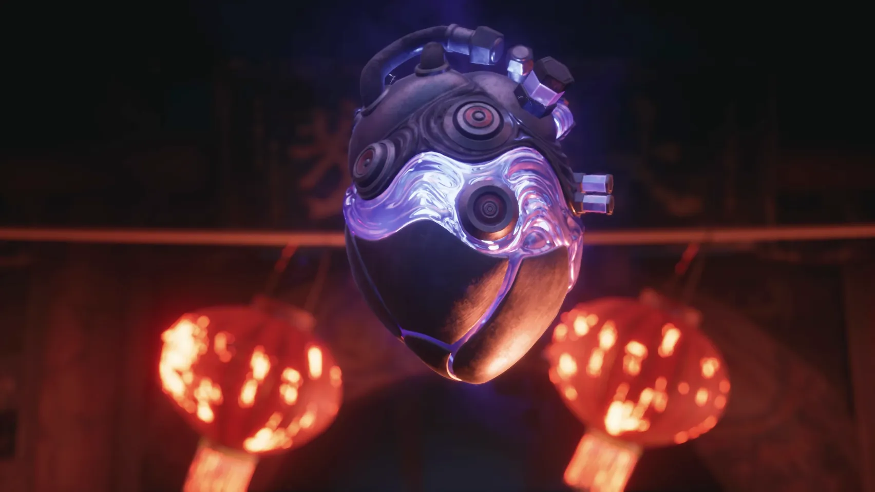 A mechanical heart glowing purple hangs between two red lanterns.