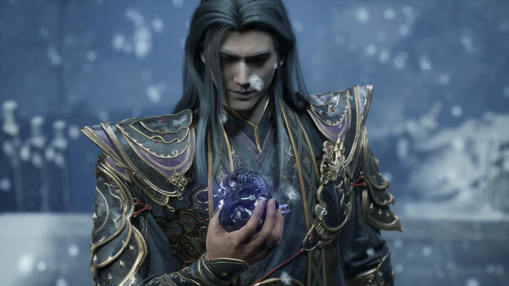 A long-haired man in ornate armour holds a glowing blue orb in the snow.