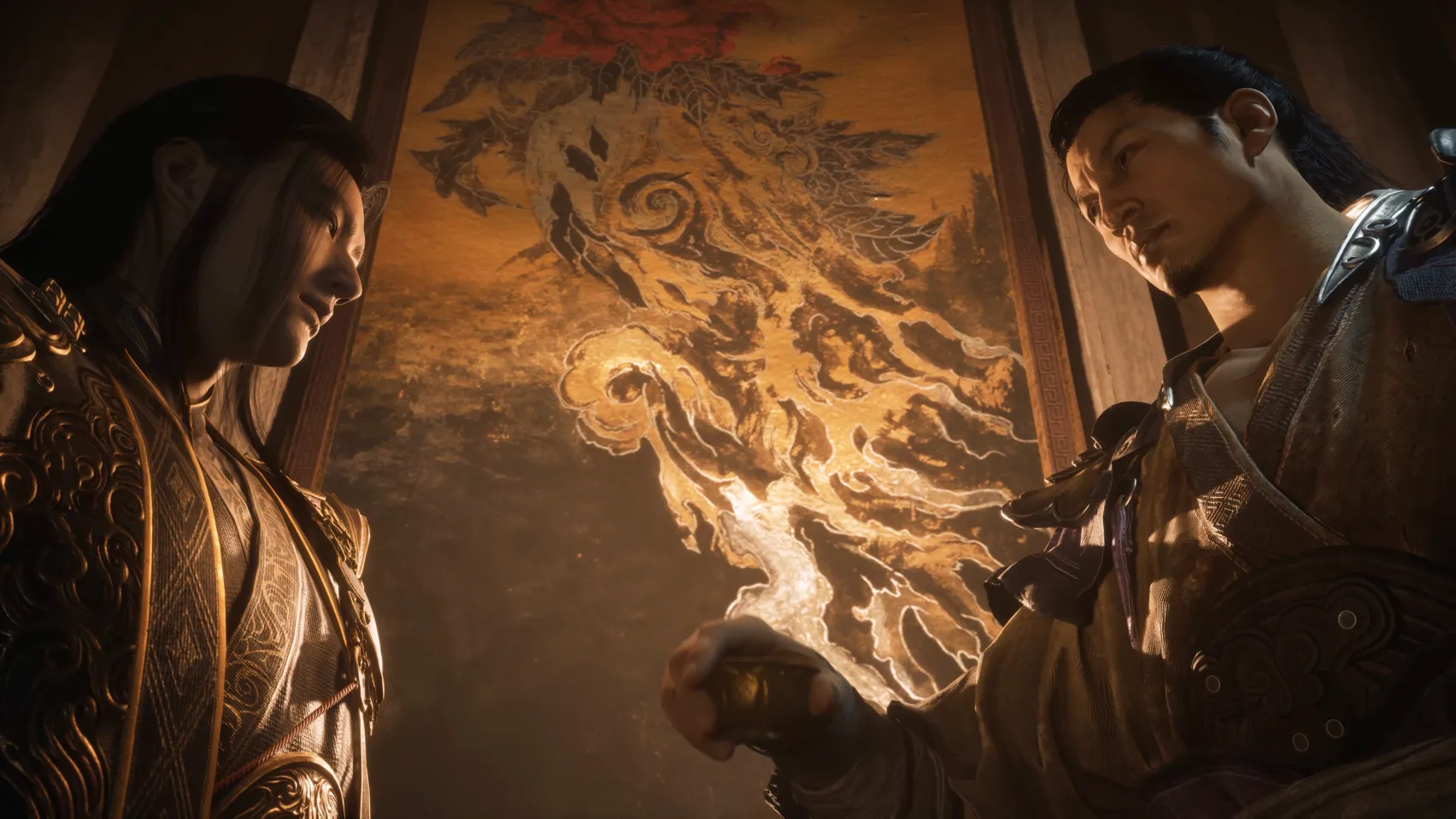 Two men stand before a large painting that glows with golden light.