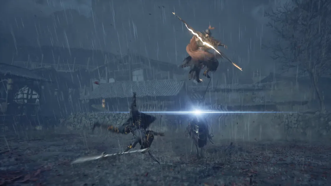 Two fighters clash in the rain at night, sparks between them.