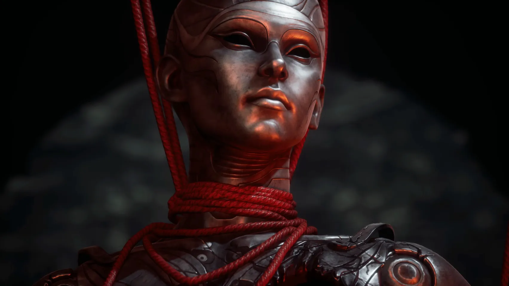 A figure in a red metal mask with red cords wound round the head.