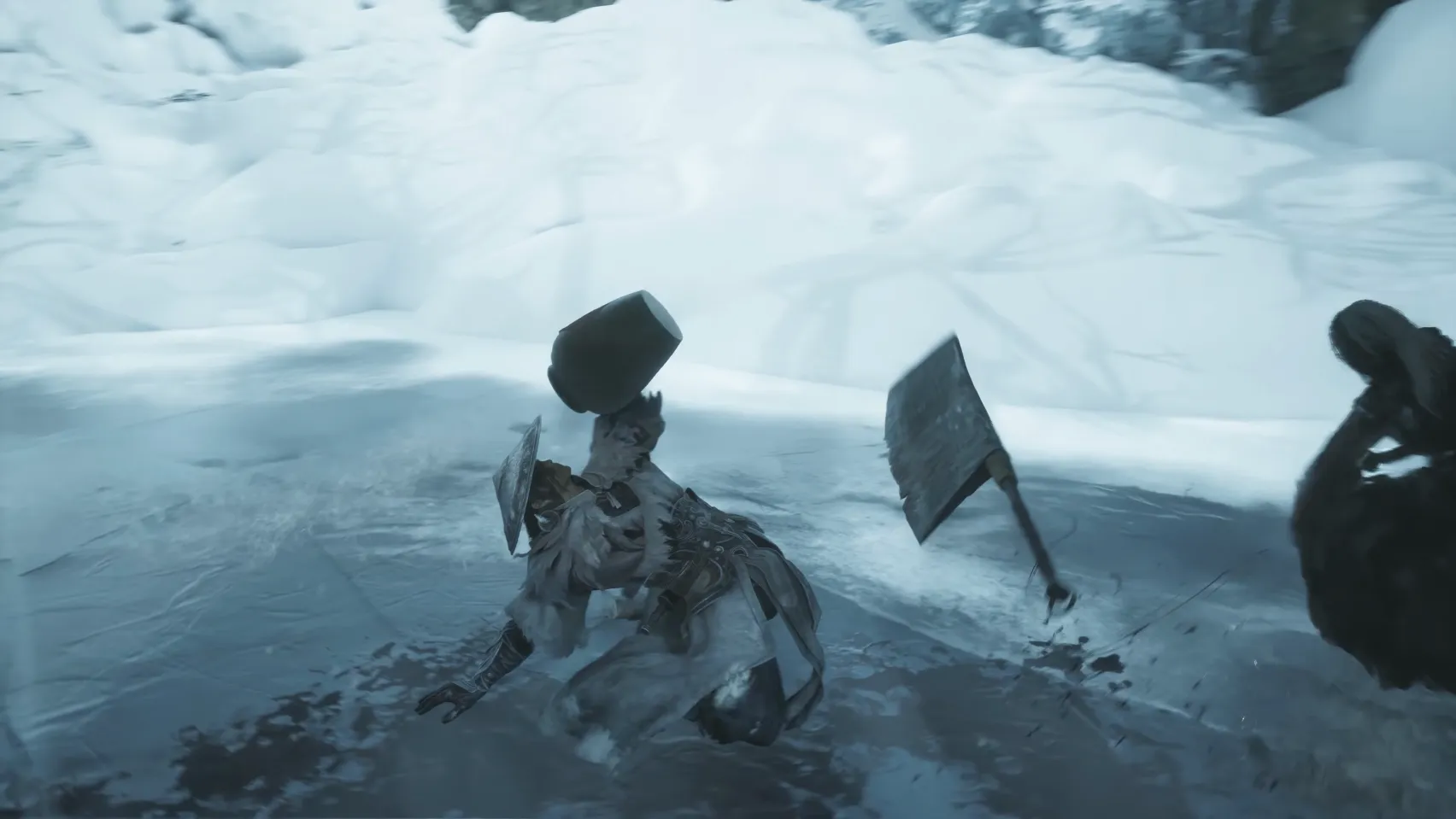 Two fighters on a frozen slope, one swinging a large cleaver.