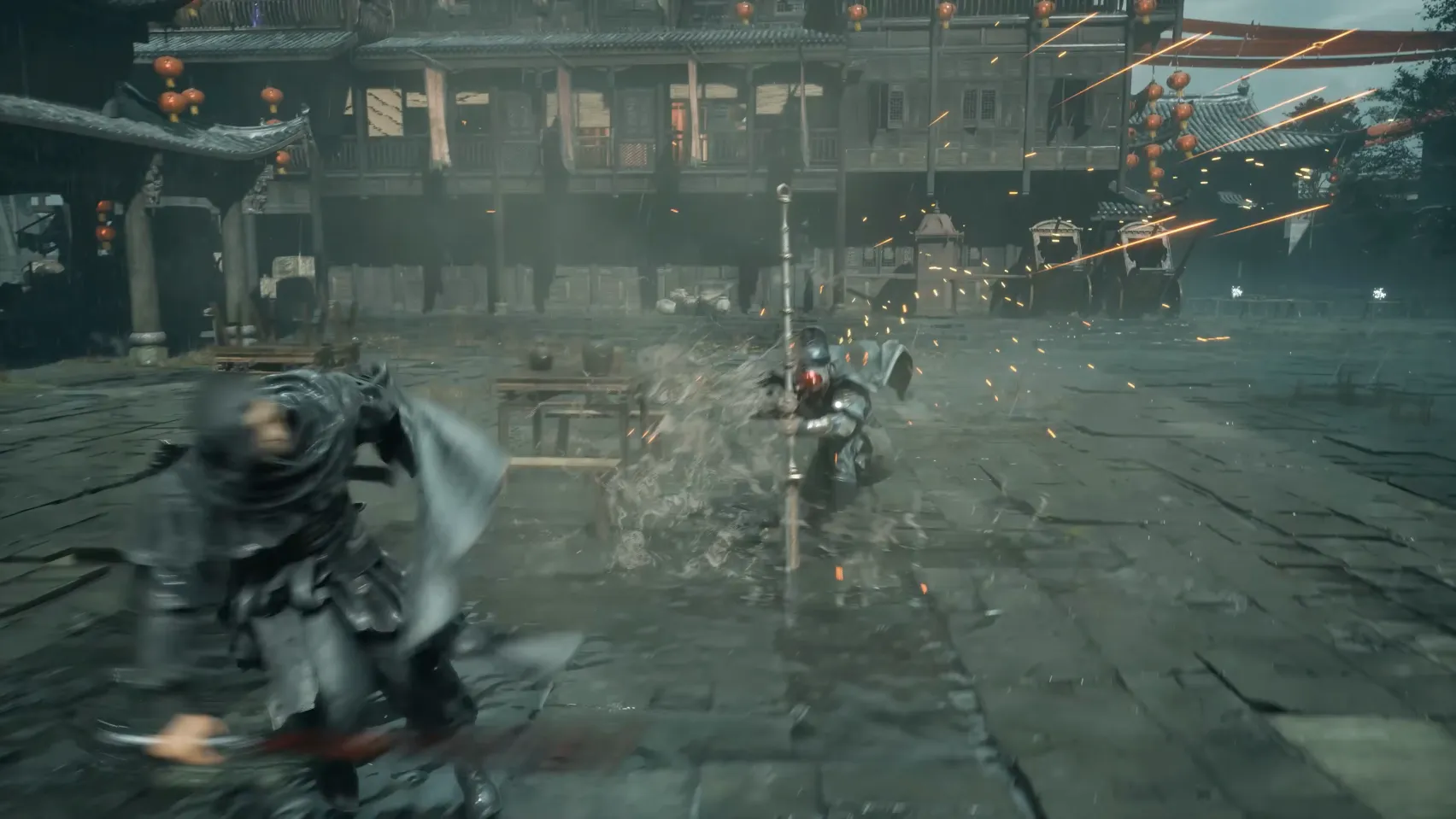 A tall figure lifts a long spear over a fighter in a stone courtyard.