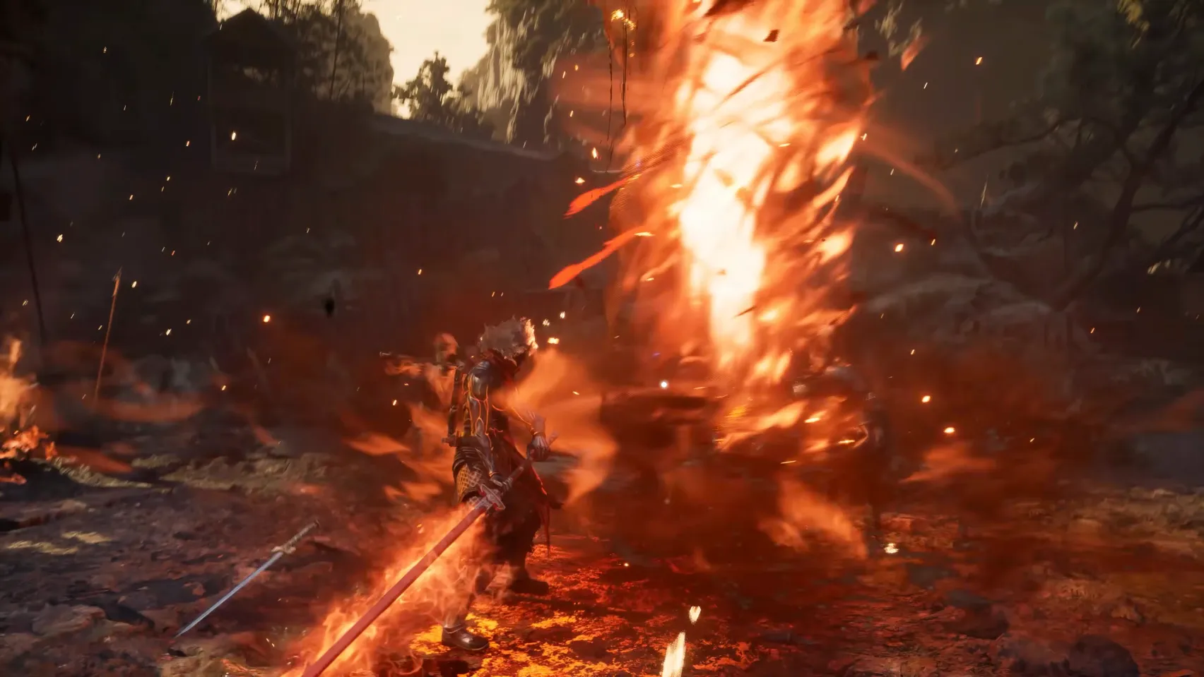 A column of fire rises beside a fighter with a glowing red blade in a burning wood.