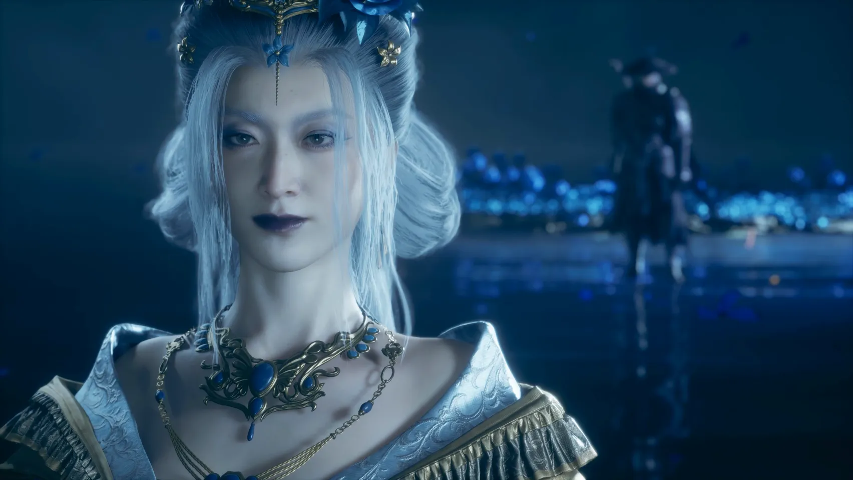 A pale woman with white hair and a jewelled collar, glowing blue flowers behind her.