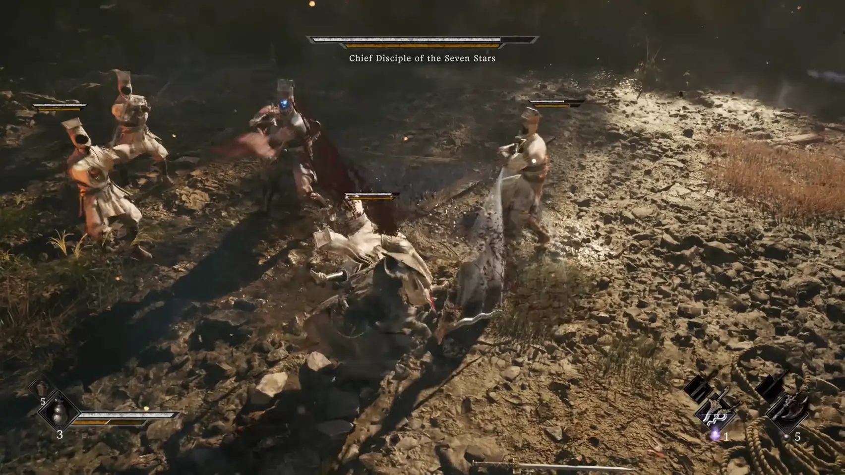 Pale-robed swordsmen with small health bars close in around a figure in a muddy yard.