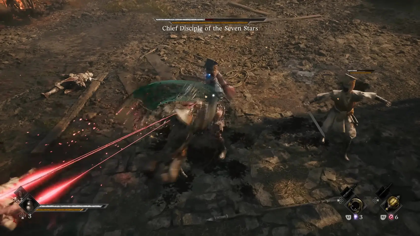 Two red lines shoot across a yard as a green arc passes through a swordsman.