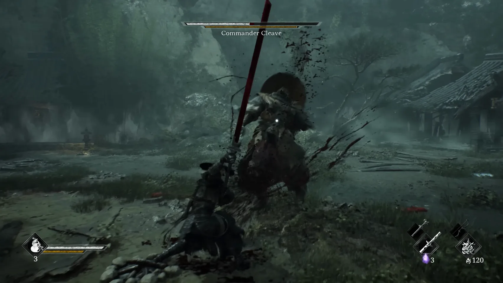 In a misty yard the player sweeps a red blade upward at the broad boss figure in a wide straw hat.
