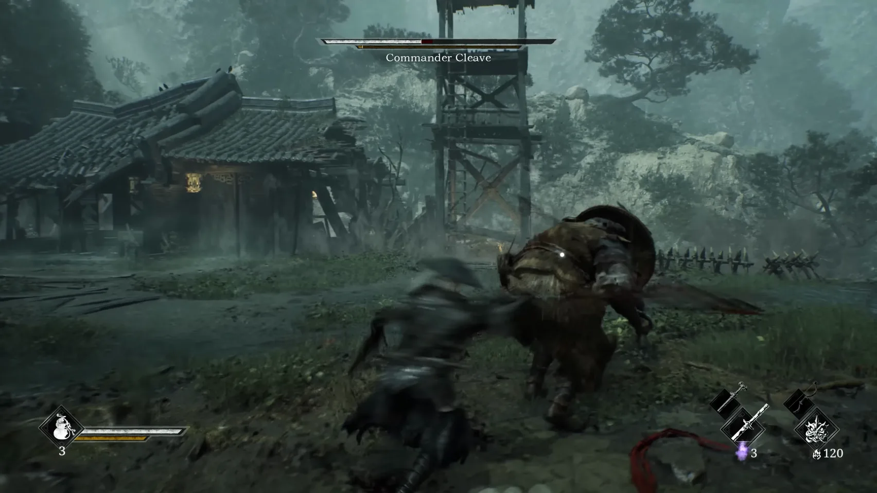 A broad figure in a straw hat bends forward with his blade swung out while the player slips past on his left, a watchtower behind.