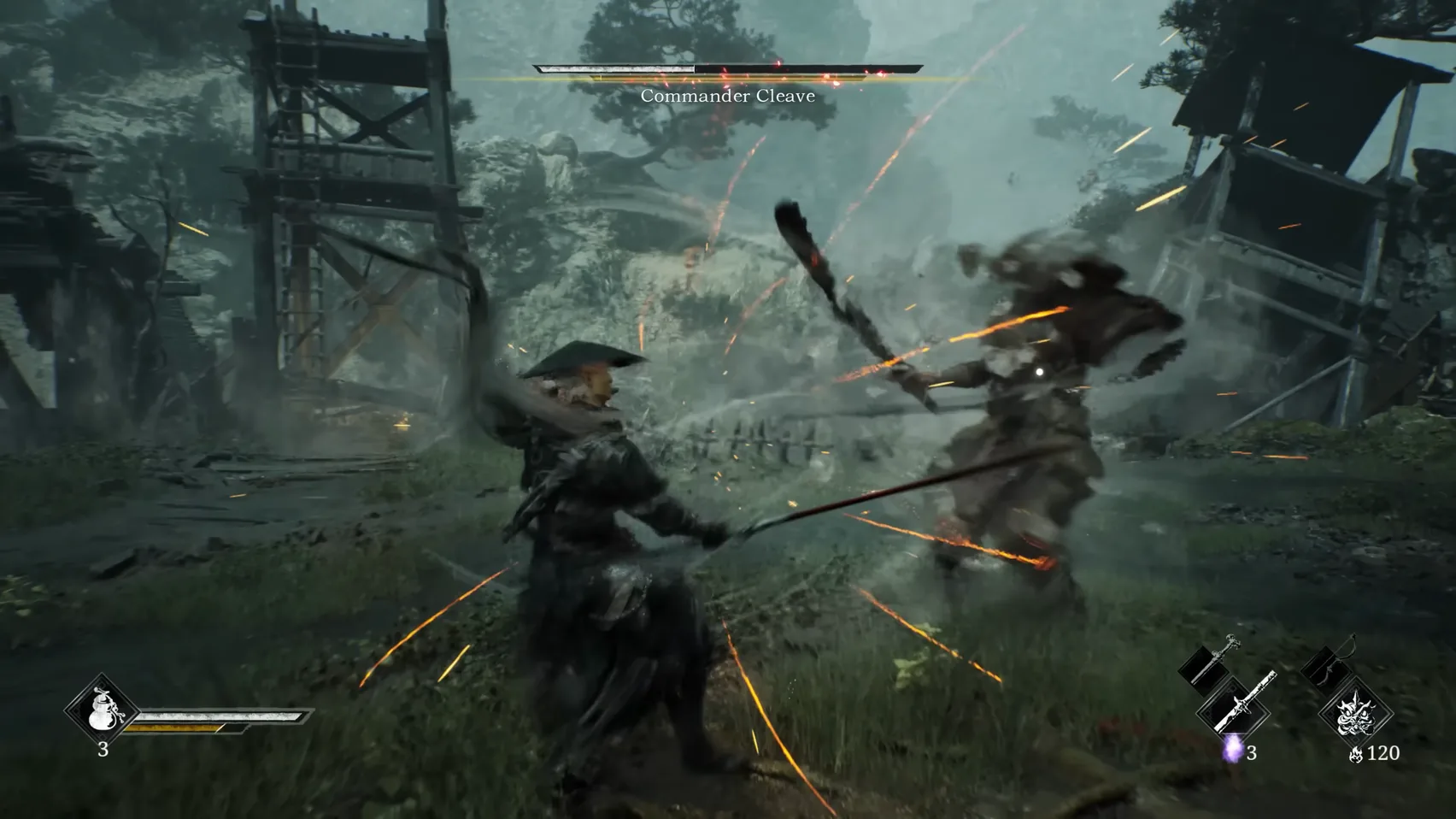 A figure swings a long blade at a turning figure, orange sparks streaking across the frame.