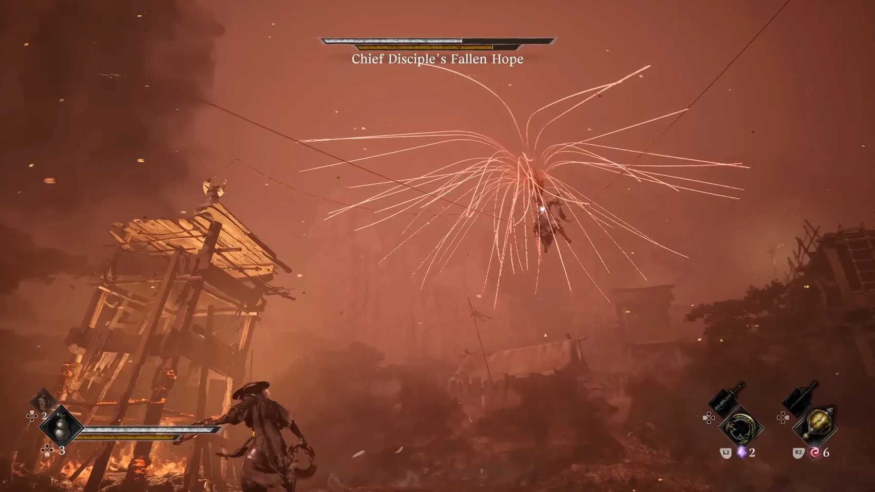 A burst of thin white threads fans out around a hanging figure above a leaning wooden tower.