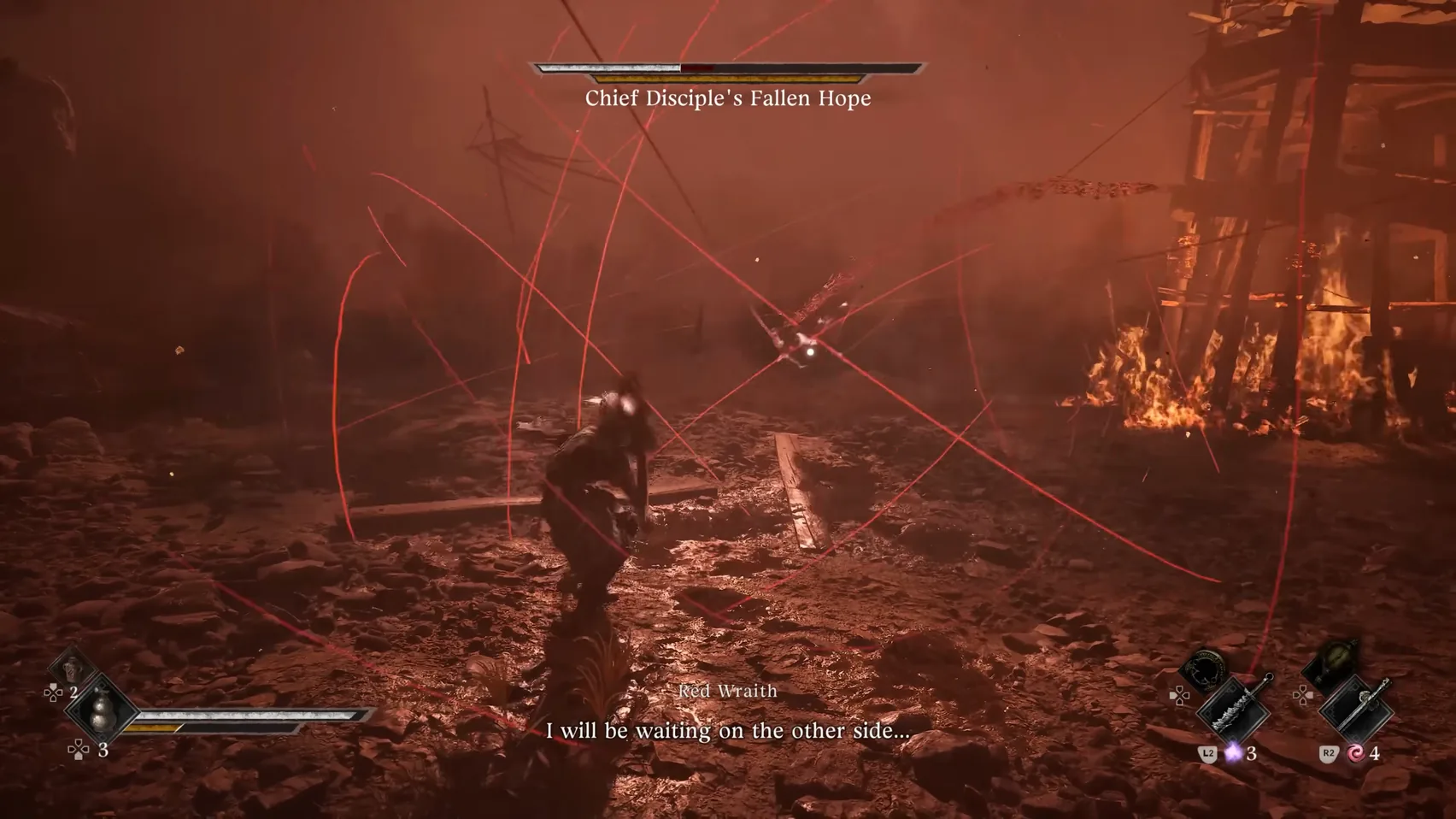 Red threads loop over a scorched yard while a figure crouches beneath them.