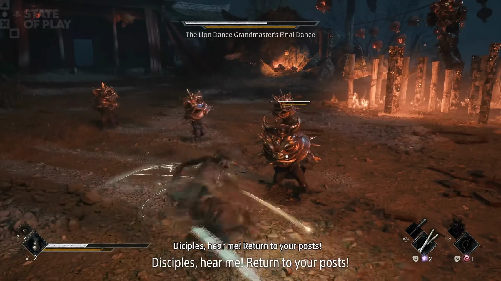 Small spiked lion-head figures surround a figure in front of a row of burning posts; two subtitle lines at the bottom.