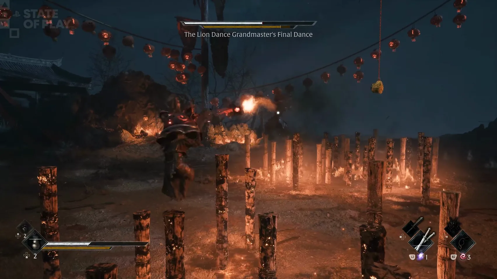 A lion figure on a post at the left and a fireball over a field of burning posts.