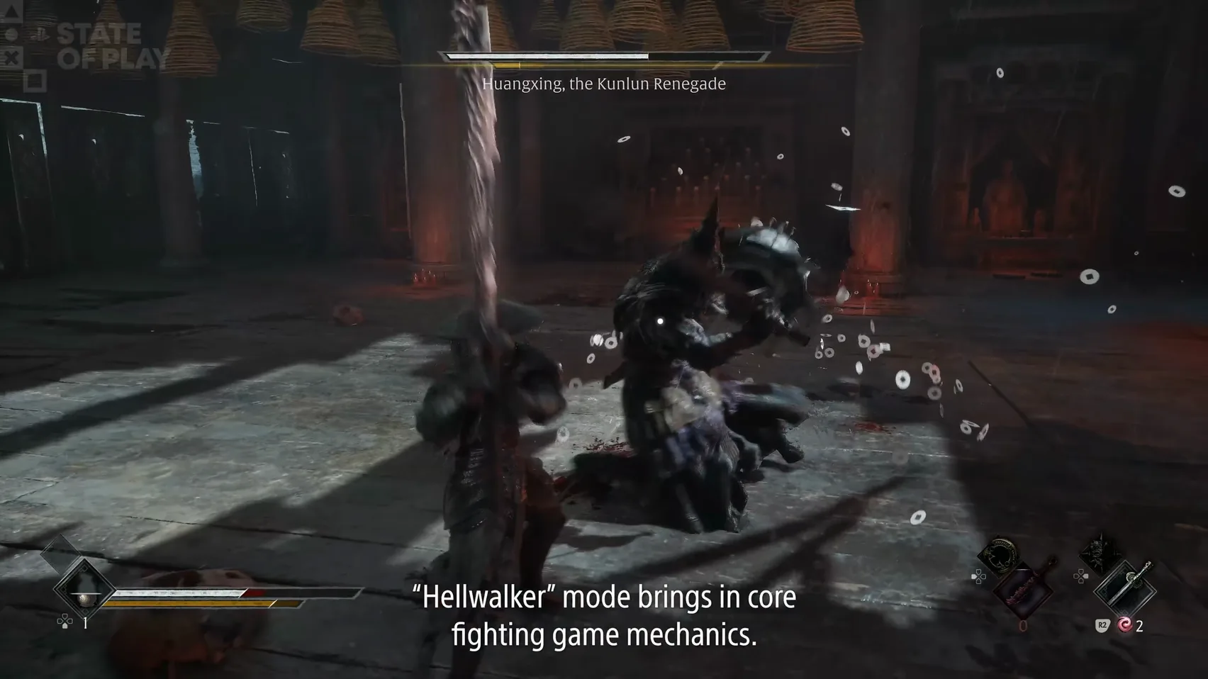 An armoured figure half-kneels with a domed, spiked weapon raised, small white discs in the air.