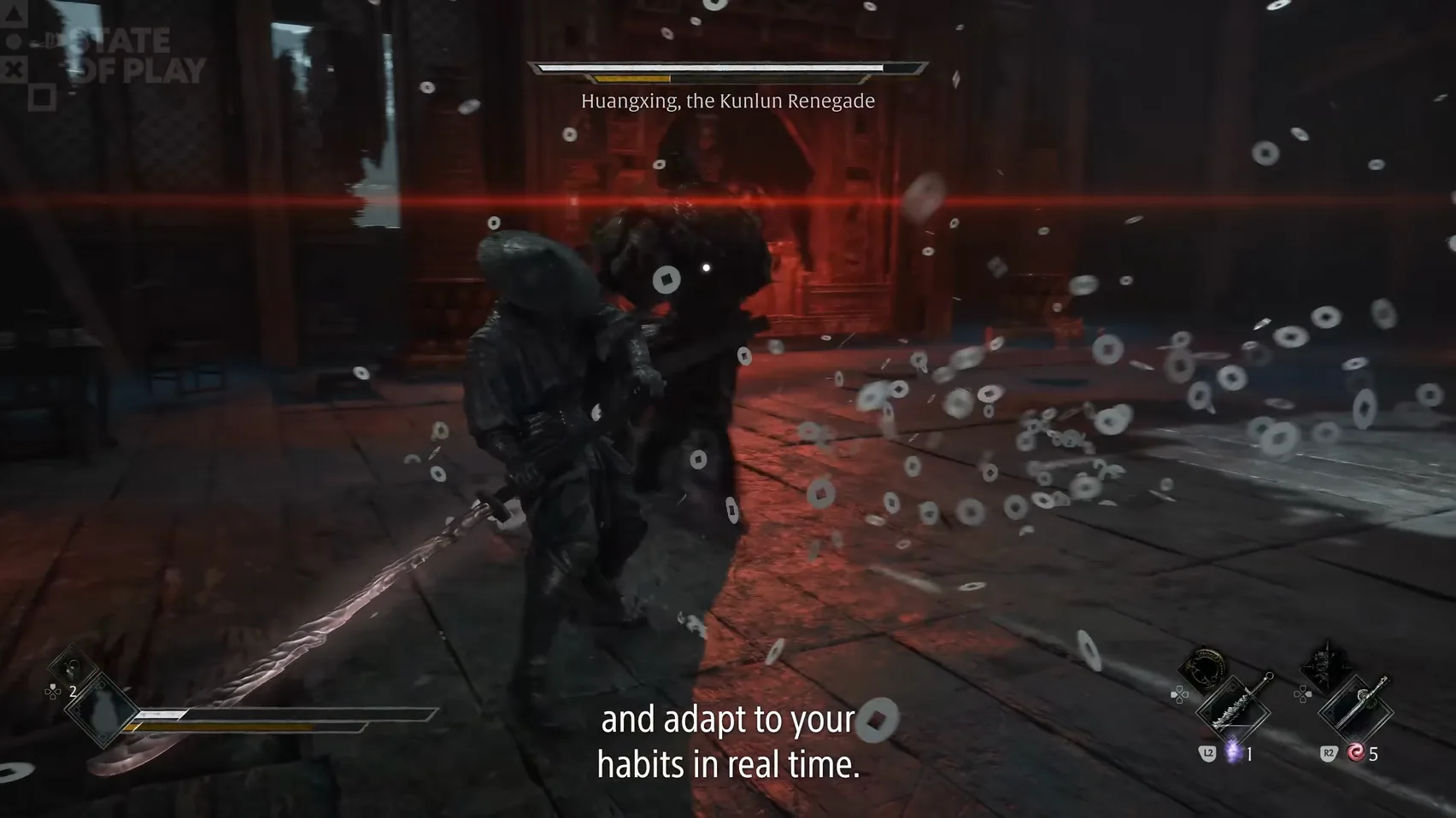 A thin red line crosses a dark hall at head height while two figures stand close together.