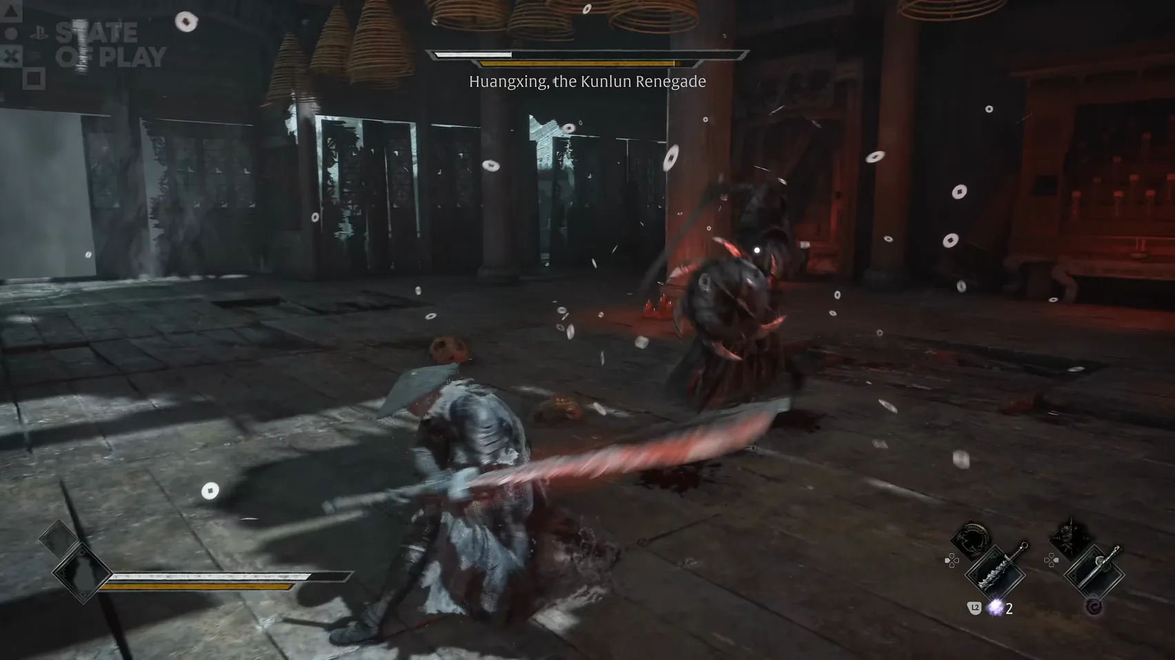 A figure with a domed weapon ringed with hooks faces a figure sweeping a red-edged blade.
