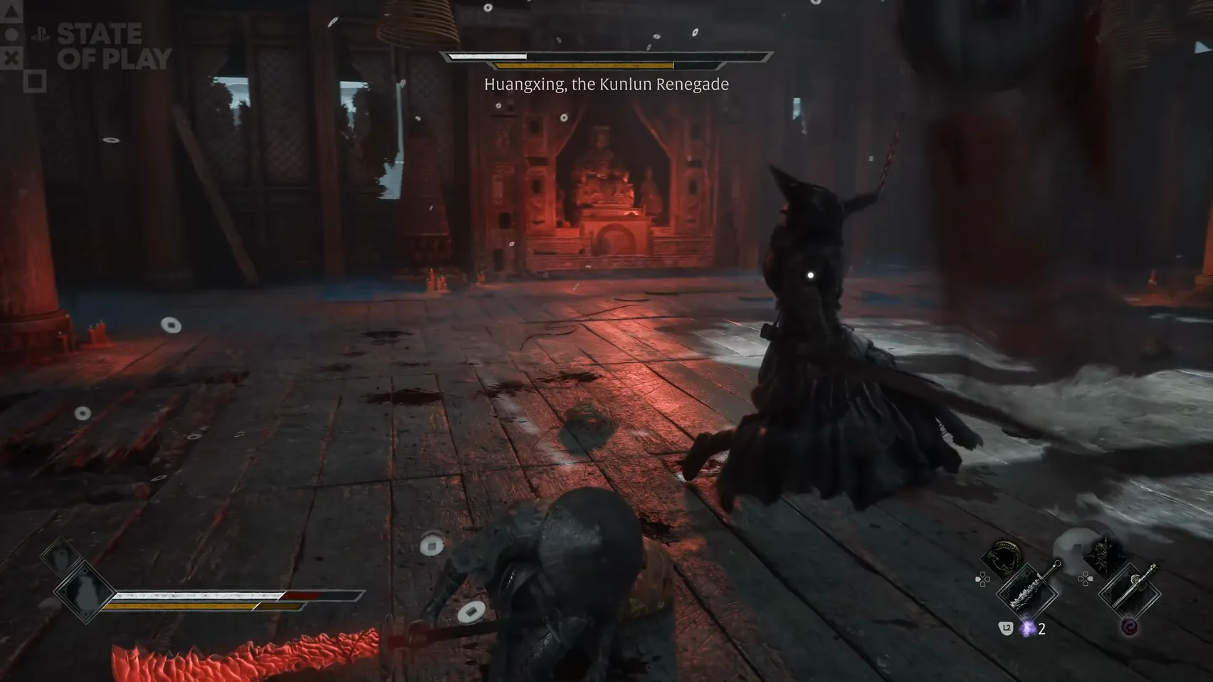 A tall dark figure stands in a hall before an altar lit red; a crouching figure holds a glowing red blade.