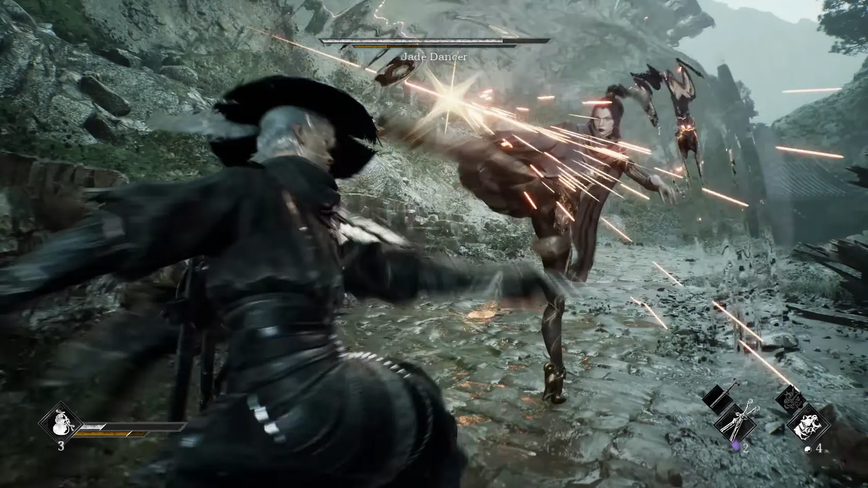 On a wet stone path a slim figure kicks high at a figure in a straw hat through a spray of sparks.