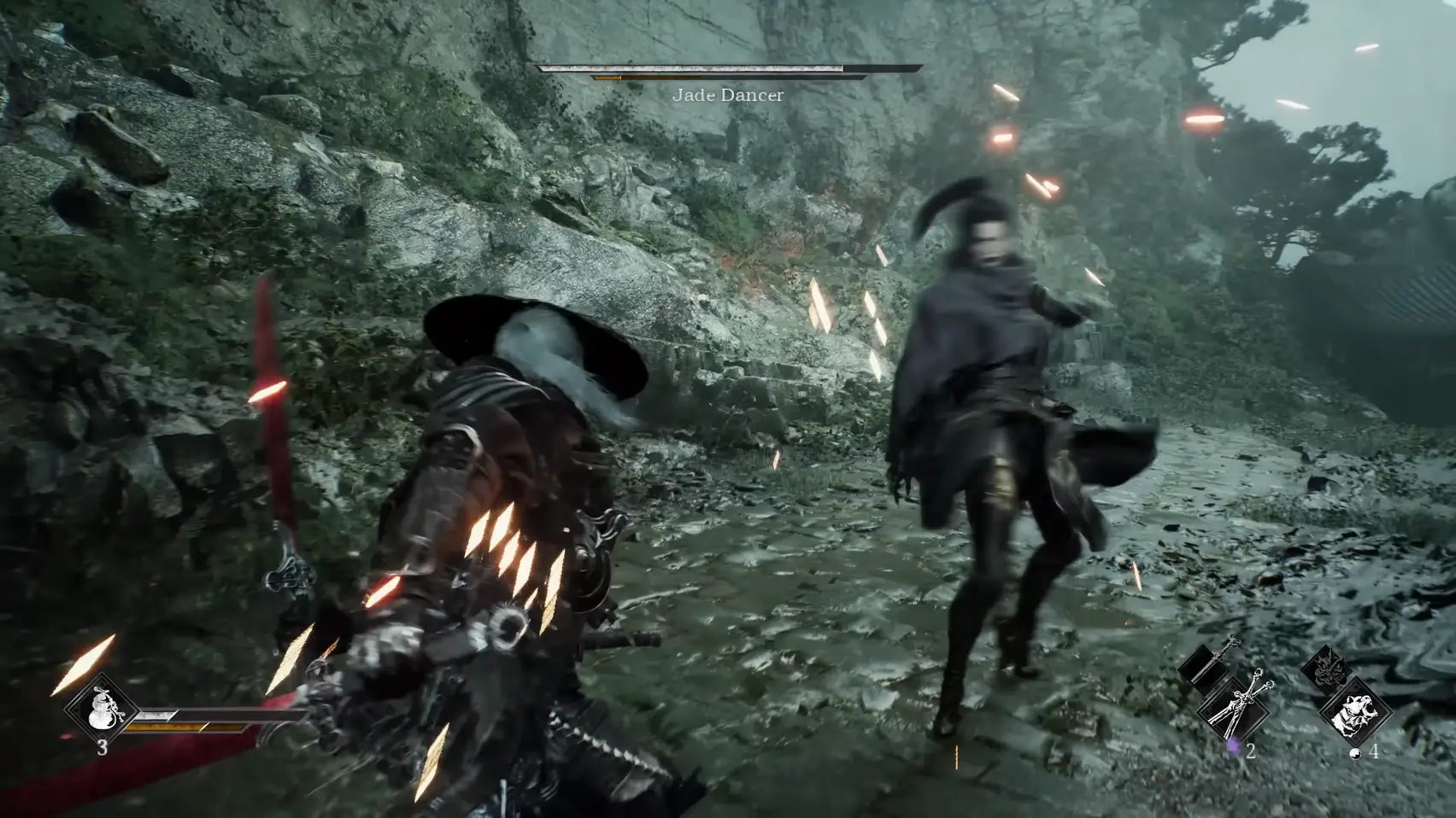 A slim figure with a long scarf faces a figure holding a red blade with small glowing blades fanned along the arm.