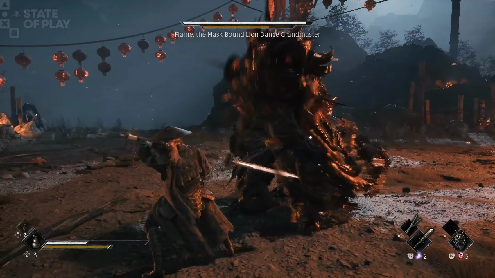 A figure in a straw hat thrusts a blade into the flank of a huge dark lion figure in a lantern-lit yard.
