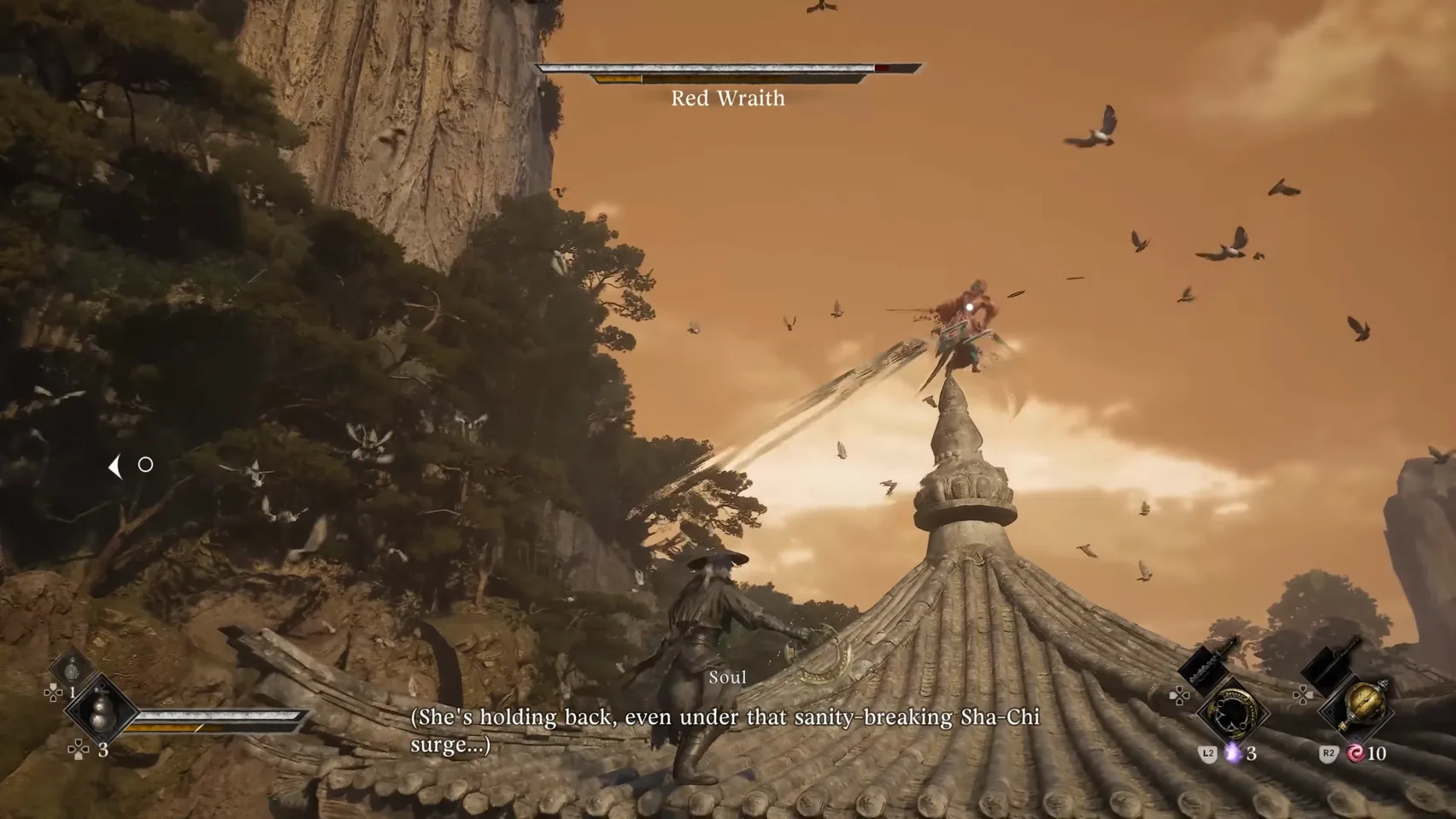A figure in red leaps from a roof spire against an amber sky, birds scattering.