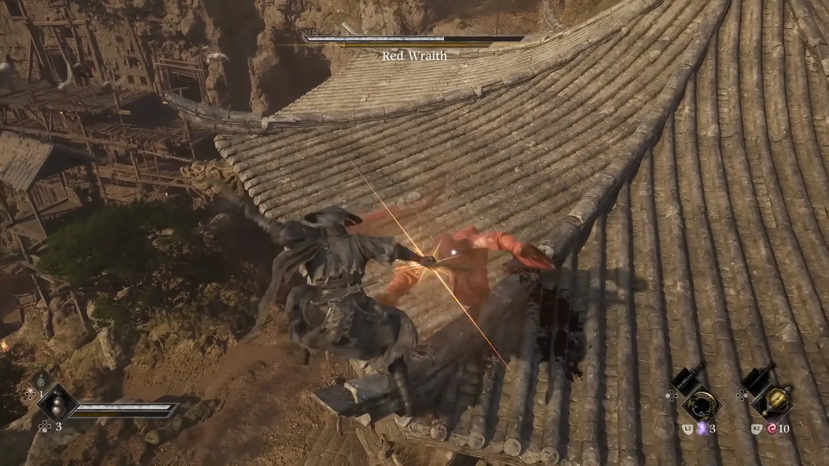 Two figures fight on the slope of a tiled roof, a thin orange line between them.