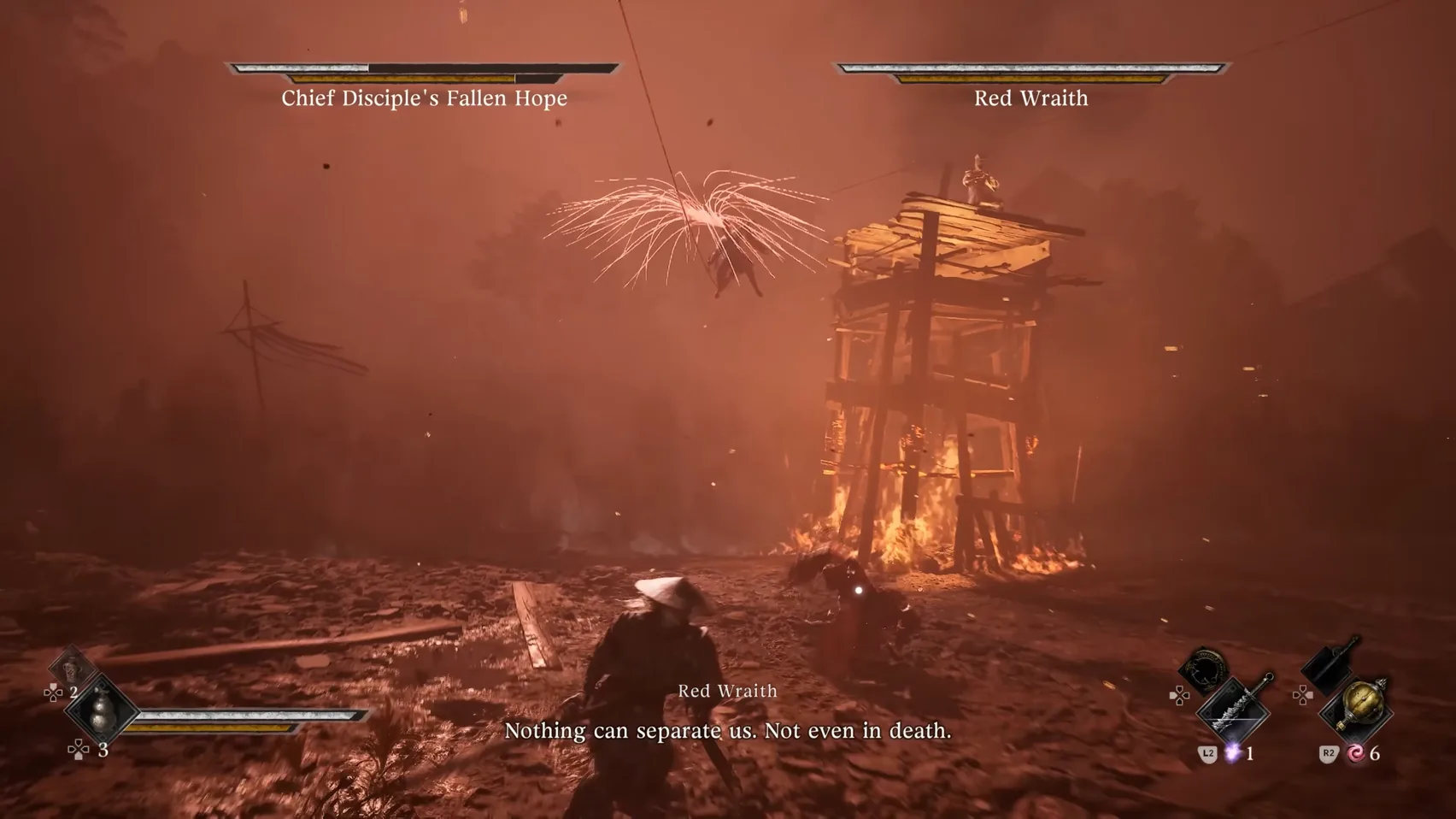 Two name plates over a red-lit yard; a figure hangs in a burst of white threads by a burning tower while a figure in red closes on the player.