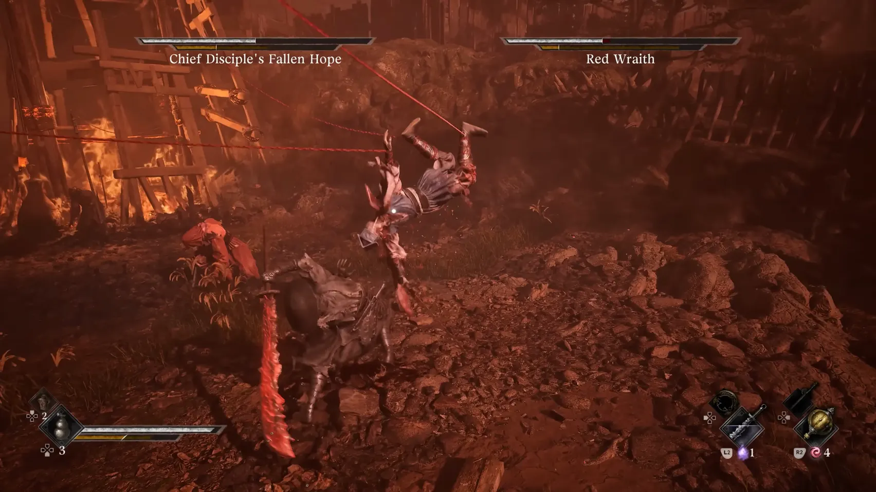 A figure hangs upside down from a red thread above a figure with a red blade; a figure in red stands close by.
