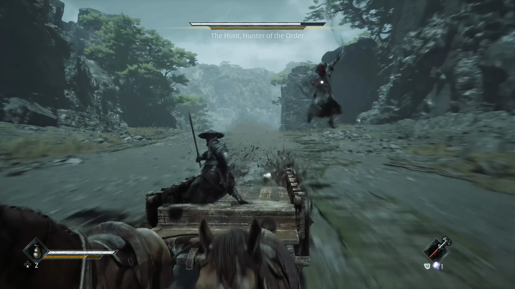 A hooded figure leaps at a moving cart from the roadside while a figure stands on the cart with a blade.