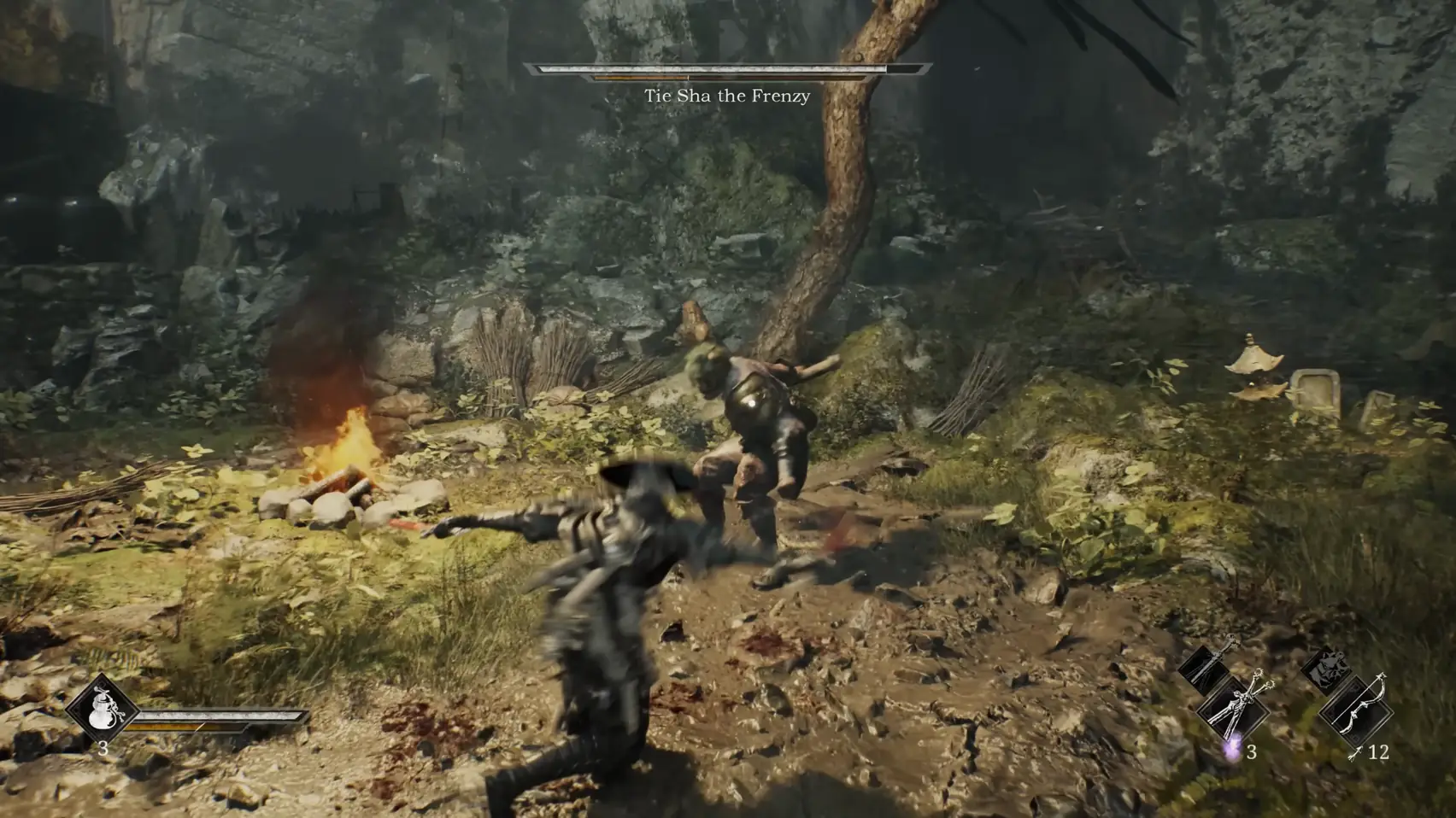 A gold-masked figure beside a campfire faces a figure in a straw hat lunging at him.