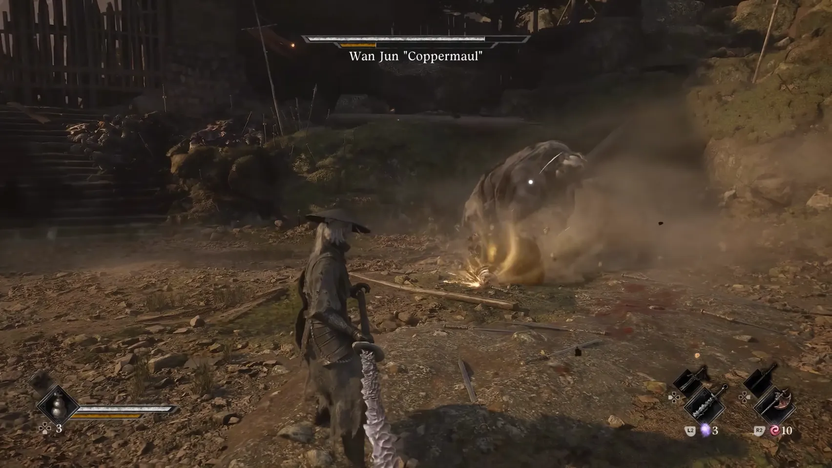 A burst of golden light and dust where a hammer head meets the ground, a few steps from a figure with a serrated blade.