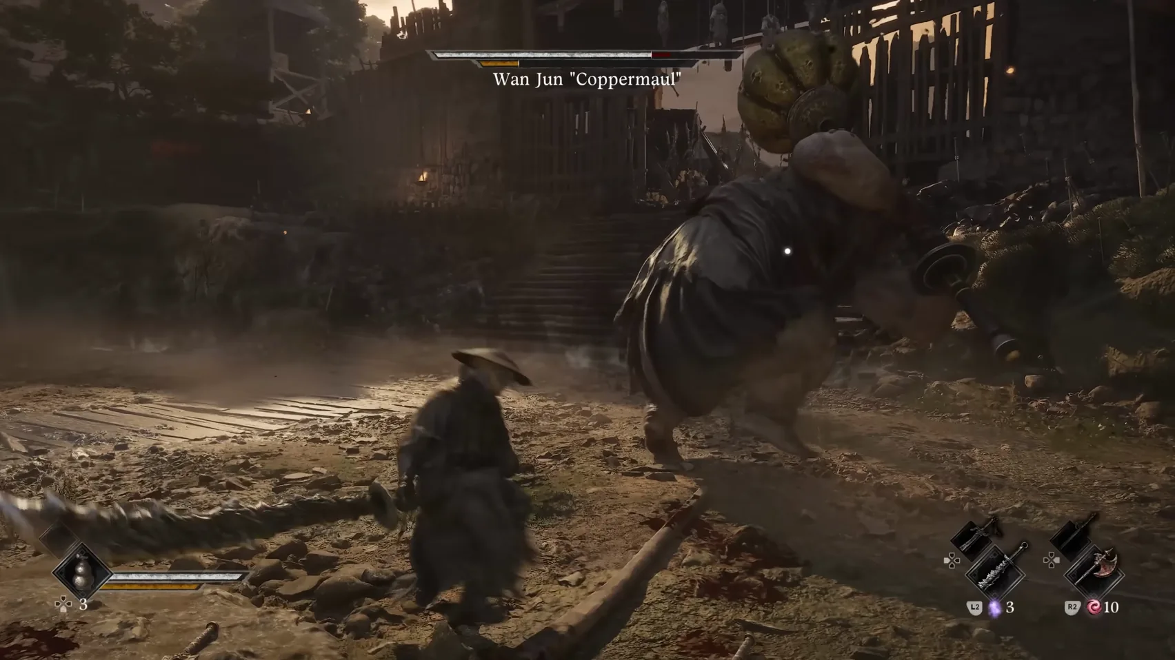 A heavy figure swings a golden hammer while a figure in a straw hat draws back a long blade at his side.