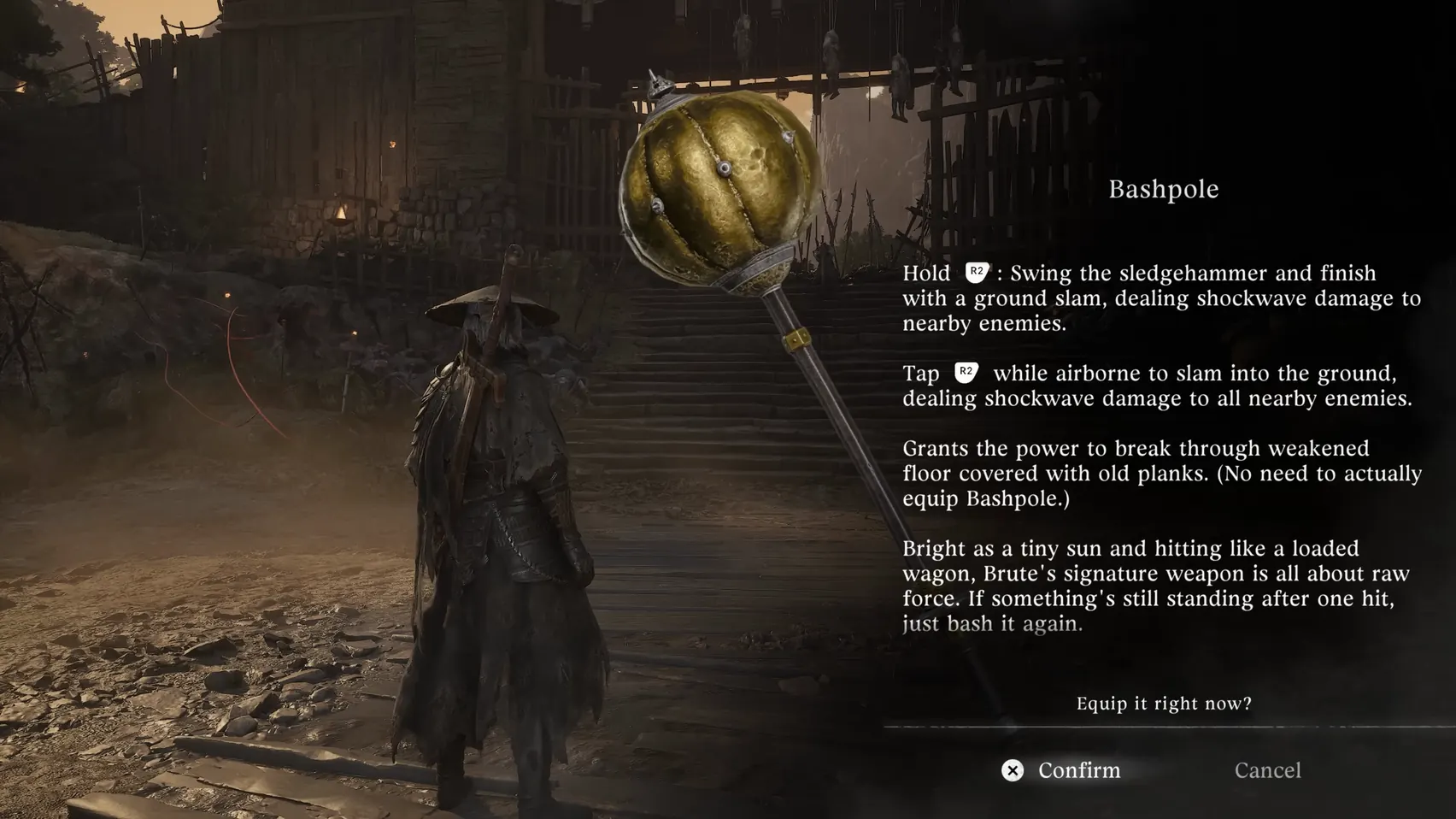 A weapon card titled “Bashpole” beside a figure standing in a yard.